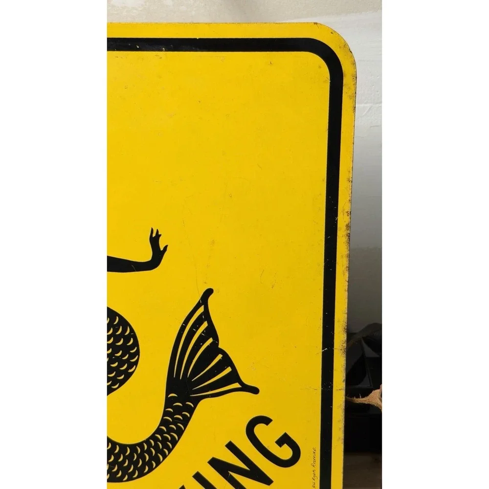 Vintage‎ Mermaid Xing Metal Road Sign Yellow 18x18 1993 Nautical Decor